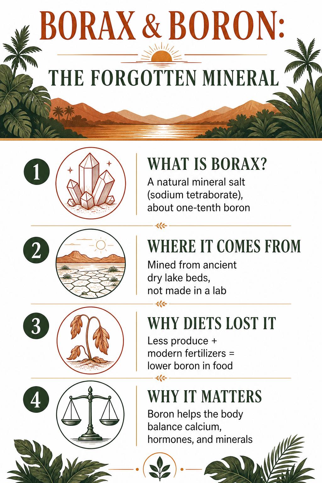 Infographic explaining what borax and boron are, where they come from, and why they matter for health | Maya Mountain Naturals
