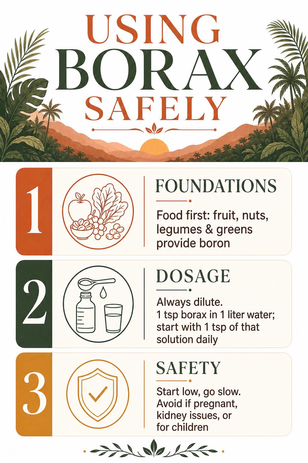 Infographic outlining foundations, dosage, and safety steps for using borax as a boron source | Maya Mountain Naturals