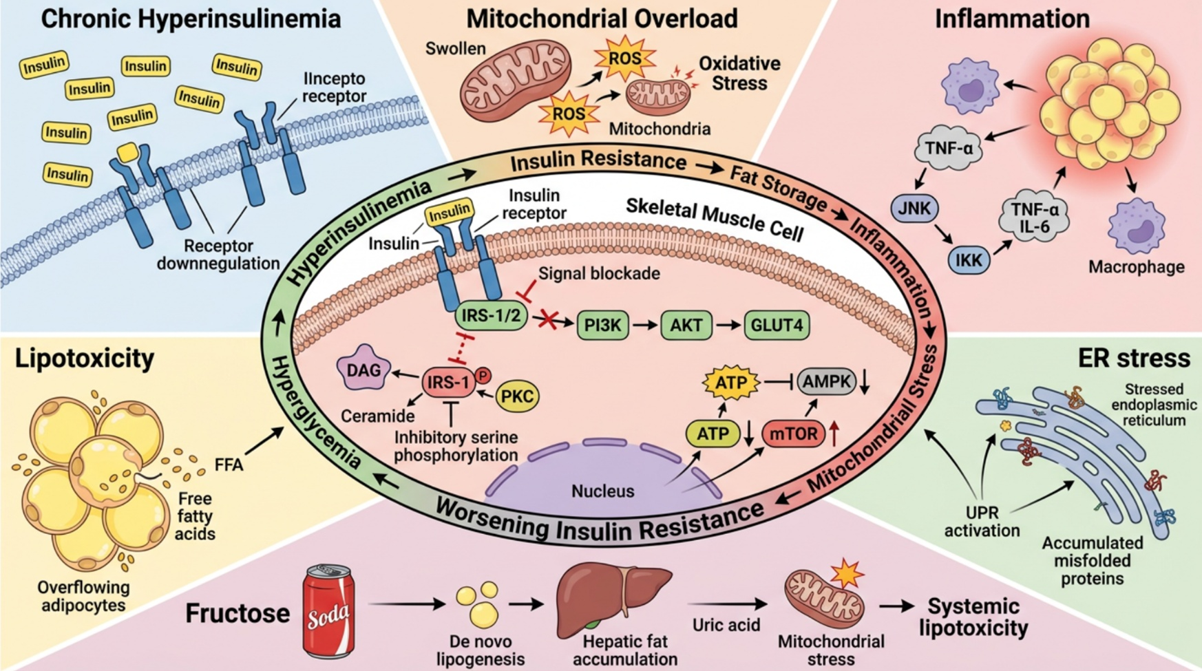 Figure 7. Multipronged pathways converging on insulin resistance.