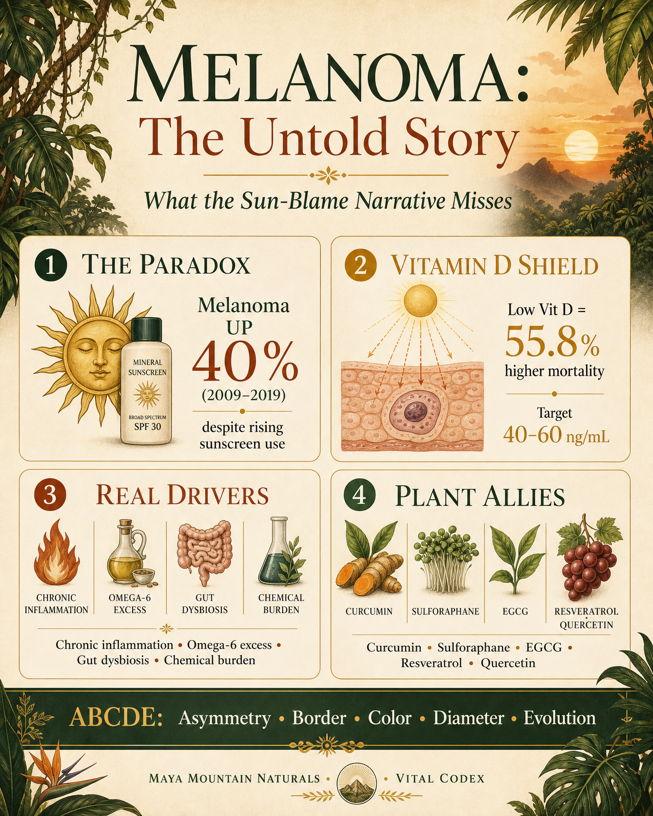 Melanoma: The Untold Story infographic — sunscreen paradox, vitamin D shield, real drivers, plant allies, and ABCDE warning signs